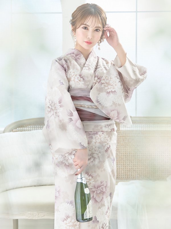 画像3: 【即日発送】くすみカラー×パープルダリア浴衣【浴衣３点セット 浴衣/帯/下駄】[YMT]