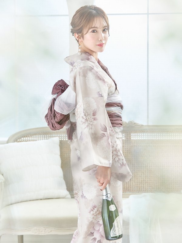 画像1: 【即日発送】くすみカラー×パープルダリア浴衣 OBI-siwa-202-ok-17-BR / HIMO-900-yn-8-P / HEKO-800-sb-5-WH / YA-68-kn-P / YA-1017-am-W / GETA-02-ok-5-P / [YMT]