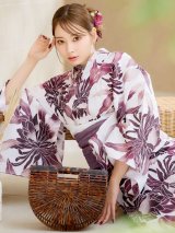 【予約 / 5月中旬発送予定】白地×ピンクの蓮の花浴衣 OBI-siwa-201-wk-1-LV / HIMO-902-kj-5-RosePK / HEKO-800-sb-5-WH / YA-1027-wk-PL / GETA-02-ok-8-RoseP/ [YMT]