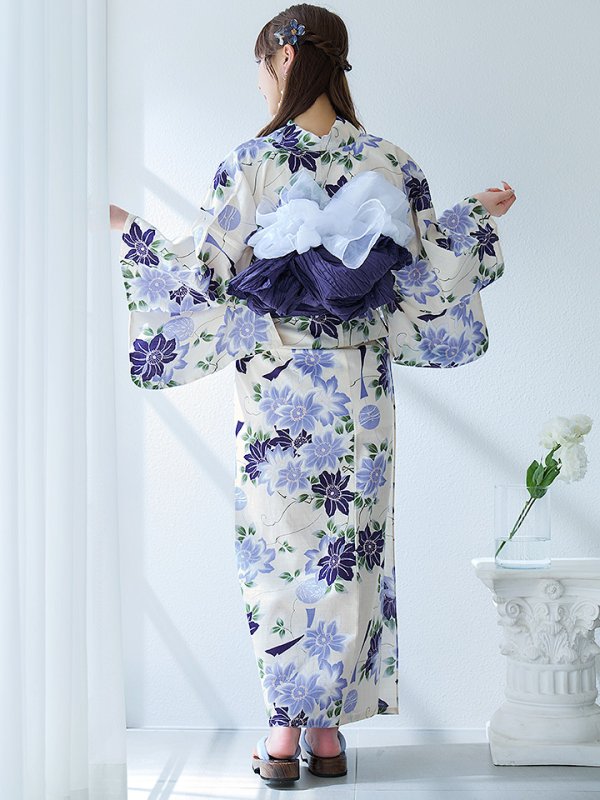画像13: 【即日発送】白地に凛と咲くクレマチス柄浴衣【浴衣３点セット 浴衣/帯/下駄】[YMT]