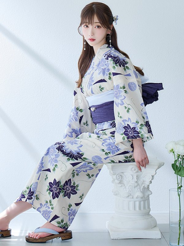 画像3: 【即日発送】白地に凛と咲くクレマチス柄浴衣【浴衣３点セット 浴衣/帯/下駄】[YMT]