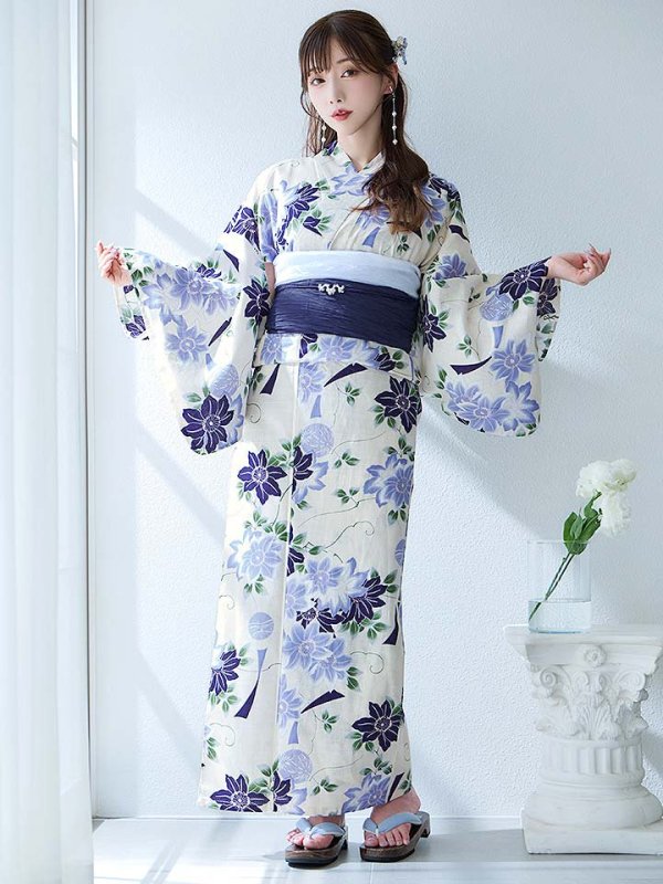 画像3: 【即日発送】白地に凛と咲くクレマチス柄浴衣【浴衣３点セット 浴衣/帯/下駄】[YMT]