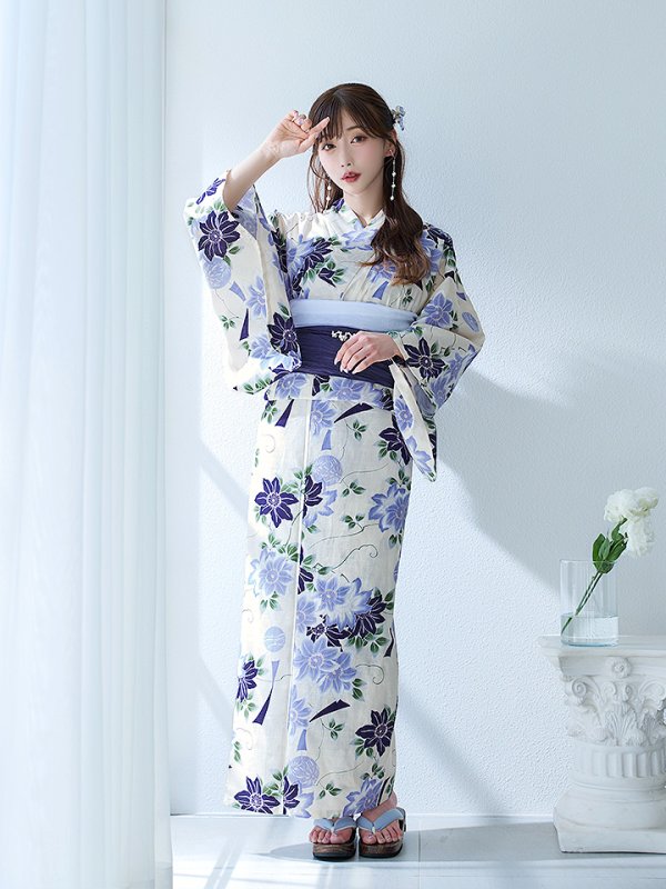 画像6: 【即日発送】白地に凛と咲くクレマチス柄浴衣【浴衣３点セット 浴衣/帯/下駄】[YMT]