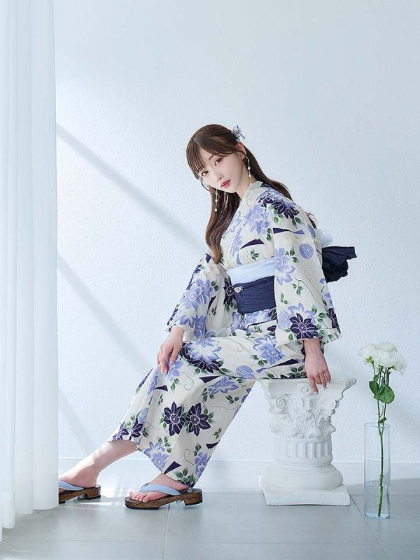 画像6: 【即日発送】白地に凛と咲くクレマチス柄浴衣【浴衣３点セット 浴衣/帯/下駄】[YMT]