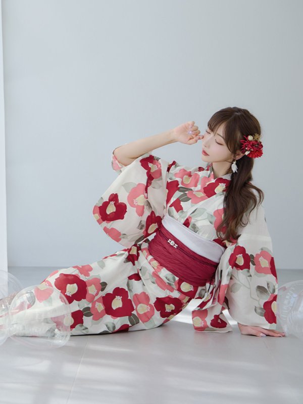 画像11: 【即日発送】古典レトロ椿浴衣【浴衣３点セット 浴衣/帯/下駄】[YMT]