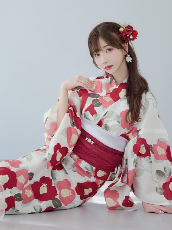 画像13: 【即日発送】古典レトロ椿浴衣【浴衣３点セット 浴衣/帯/下駄】[YMT]