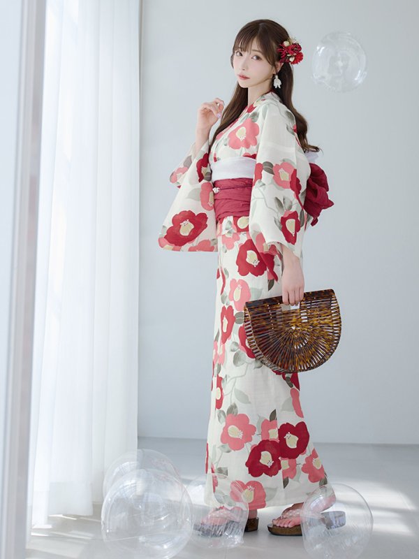 画像3: 【即日発送】古典レトロ椿浴衣【浴衣３点セット 浴衣/帯/下駄】[YMT]