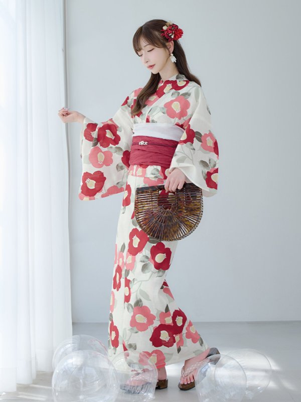 画像7: 【即日発送】古典レトロ椿浴衣【浴衣３点セット 浴衣/帯/下駄】[YMT]