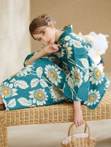 【即日発送】アクア地×向日葵のハイカラ浴衣【浴衣３点セット 浴衣/帯/下駄】OBI-siwa-203-wk / HIMO-902-kj-1-BLGR / HEKO-800-sb-5-WH / YA-1025-wk-BL / GETA-01-kj-2-BL/ [YMT]