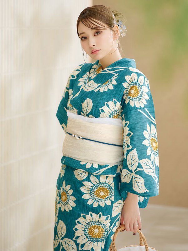 画像10: 【即日発送】アクア地×向日葵のハイカラ浴衣【浴衣３点セット 浴衣/帯/下駄】[YMT]