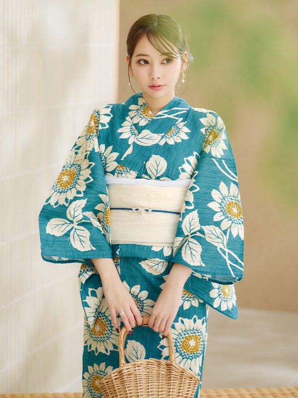 画像11: 【即日発送】アクア地×向日葵のハイカラ浴衣【浴衣３点セット 浴衣/帯/下駄】[YMT]