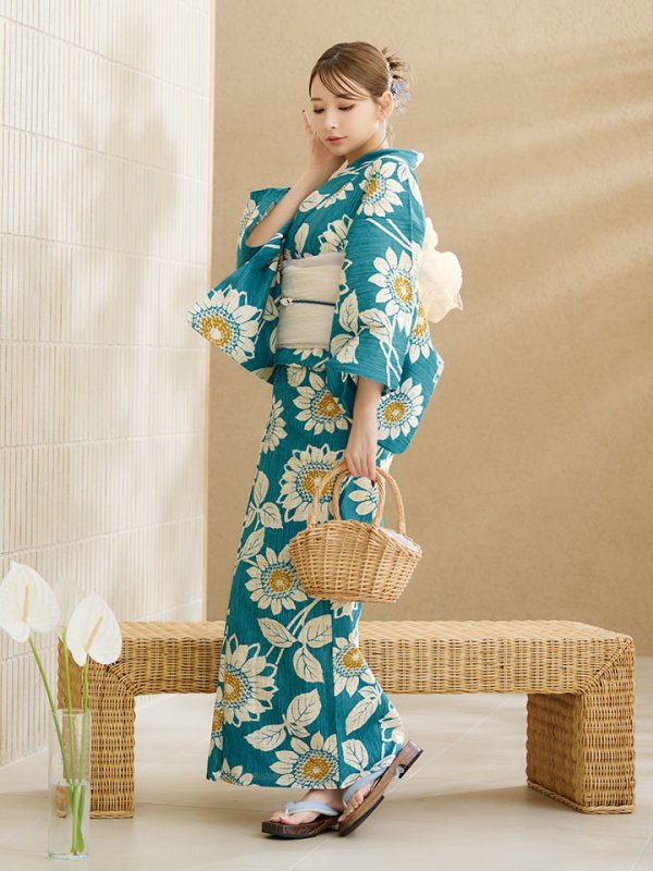 画像12: 【即日発送】アクア地×向日葵のハイカラ浴衣【浴衣３点セット 浴衣/帯/下駄】[YMT]