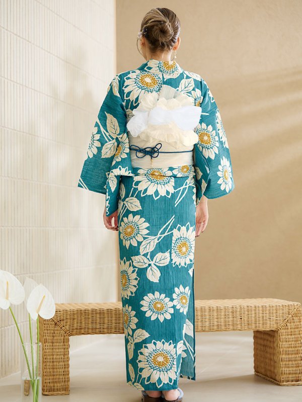 画像14: 【即日発送】アクア地×向日葵のハイカラ浴衣【浴衣３点セット 浴衣/帯/下駄】[YMT]
