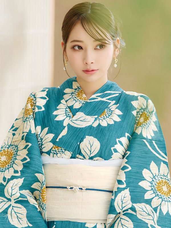 画像15: 【即日発送】アクア地×向日葵のハイカラ浴衣【浴衣３点セット 浴衣/帯/下駄】[YMT]