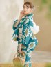 画像2: 【即日発送】アクア地×向日葵のハイカラ浴衣【浴衣３点セット 浴衣/帯/下駄】OBI-siwa-203-wk / HIMO-902-kj-1-BLGR / HEKO-800-sb-5-WH / YA-1025-wk-BL / GETA-01-kj-2-BL/ [YMT] (2)