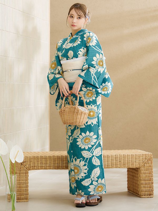 画像3: 【即日発送】アクア地×向日葵のハイカラ浴衣【浴衣３点セット 浴衣/帯/下駄】[YMT]
