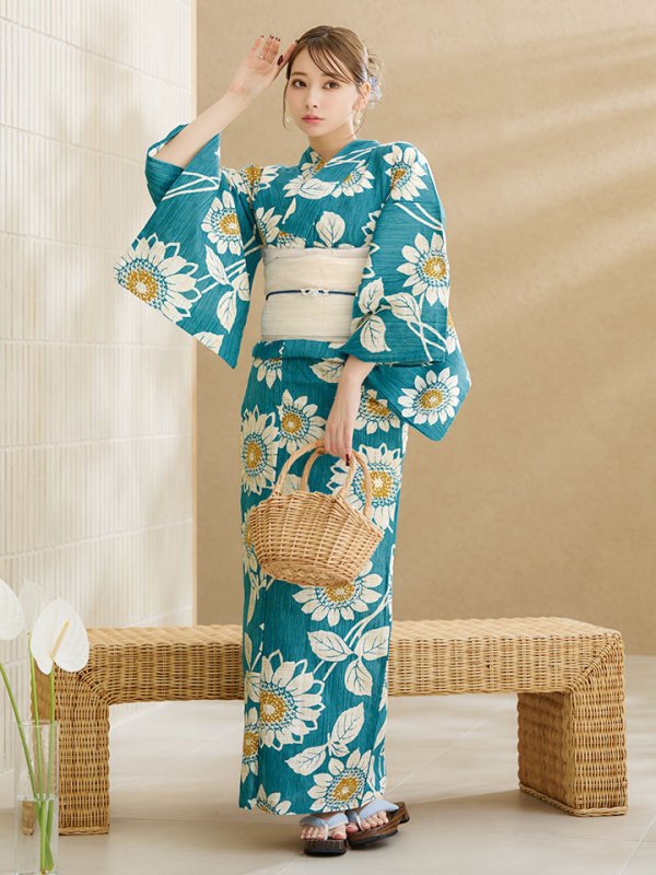 画像4: 【即日発送】アクア地×向日葵のハイカラ浴衣【浴衣３点セット 浴衣/帯/下駄】[YMT]