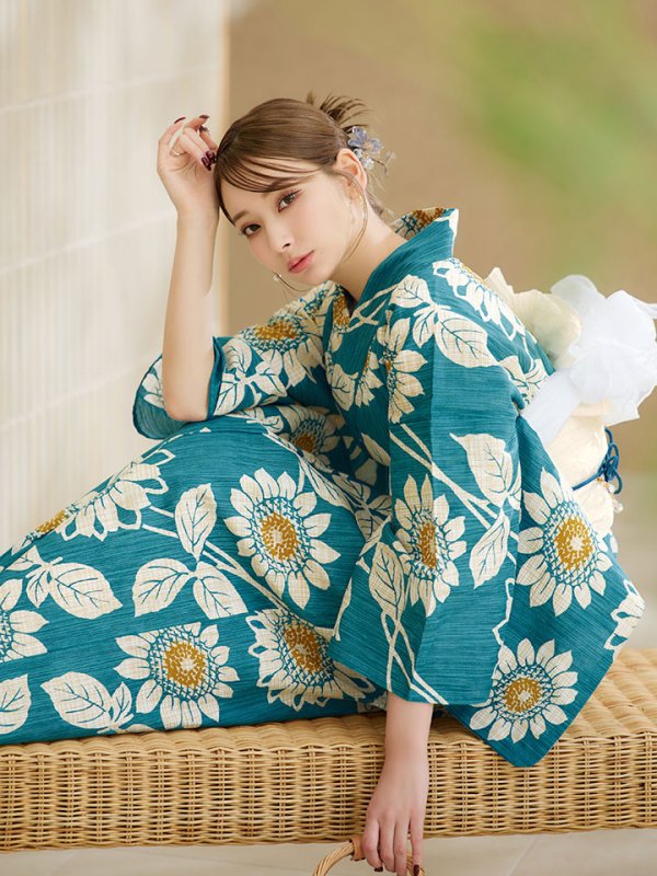 画像5: 【即日発送】アクア地×向日葵のハイカラ浴衣【浴衣３点セット 浴衣/帯/下駄】[YMT]