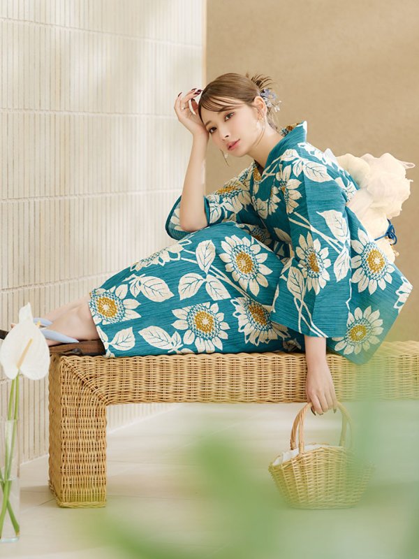 画像6: 【即日発送】アクア地×向日葵のハイカラ浴衣【浴衣３点セット 浴衣/帯/下駄】[YMT]