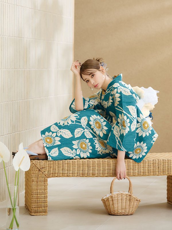 画像7: 【即日発送】アクア地×向日葵のハイカラ浴衣【浴衣３点セット 浴衣/帯/下駄】[YMT]