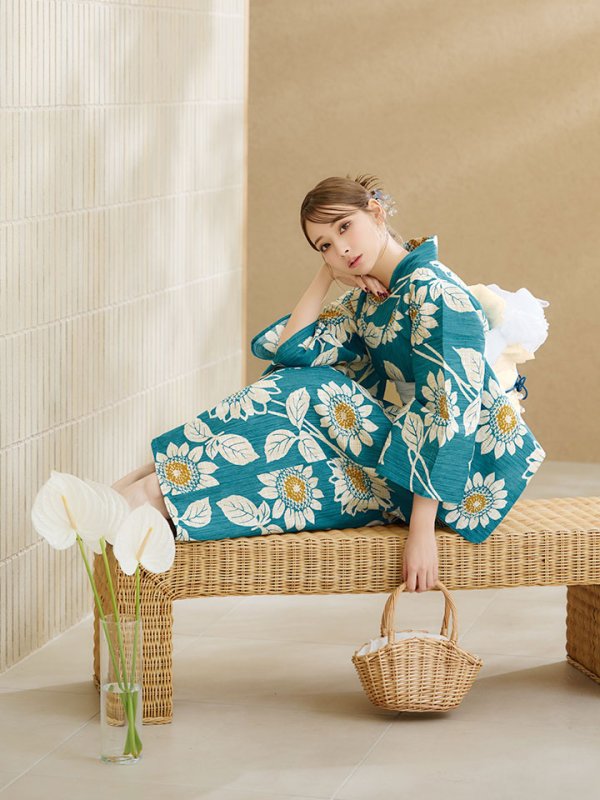 画像9: 【即日発送】アクア地×向日葵のハイカラ浴衣【浴衣３点セット 浴衣/帯/下駄】[YMT]