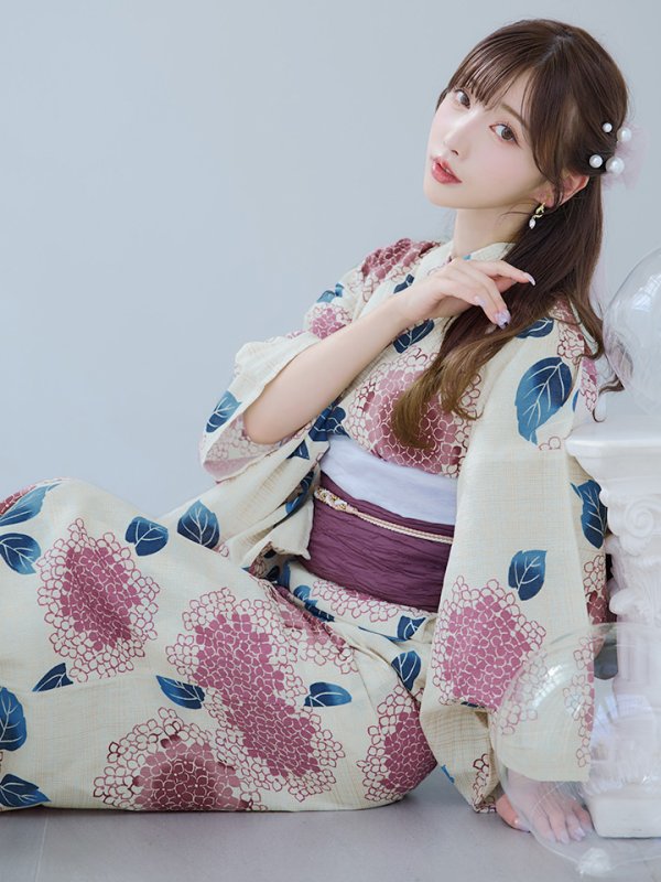 画像1: 【即日発送】はいからピンクの紫陽花浴衣【浴衣３点セット 浴衣/帯/下駄】OBI-siwa-201-wk-4-PL / HIMO-900-yn-8-P / HEKO-800-sb-5-WH / YA-954-kj-P / YA-1017-am-W / GETA-01-kj-7-P / [YMT]