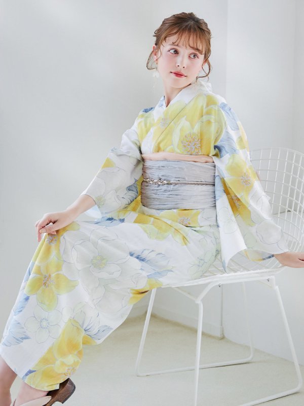 画像1: 【予約 / 5月中旬発送予定】ヘルシー油彩牡丹浴衣 OBI-g-500-kj-7-GYGE / HIMO-900-yn-7-MOC / HEKO-800-sb-11-MOC / YA-1026-kn-W / GETA-01-kj-5-MOC/ [y/YMT]