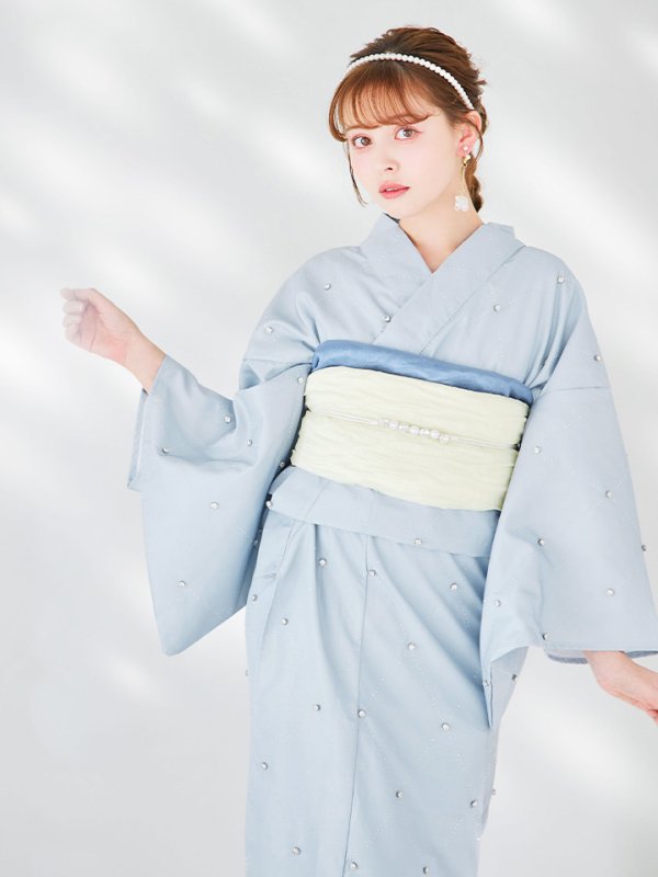 画像1: 【予約 / 5月中旬発送予定】アーガイルビジュー浴衣 OBI-siwa-204-wk-12-OW / HIMO-906-yn-PEARL / HEKO-800-sb-8-DusBL / YA-1079-kj-7-W / GETA-01-kj-3-IV/ [yo/YMT]