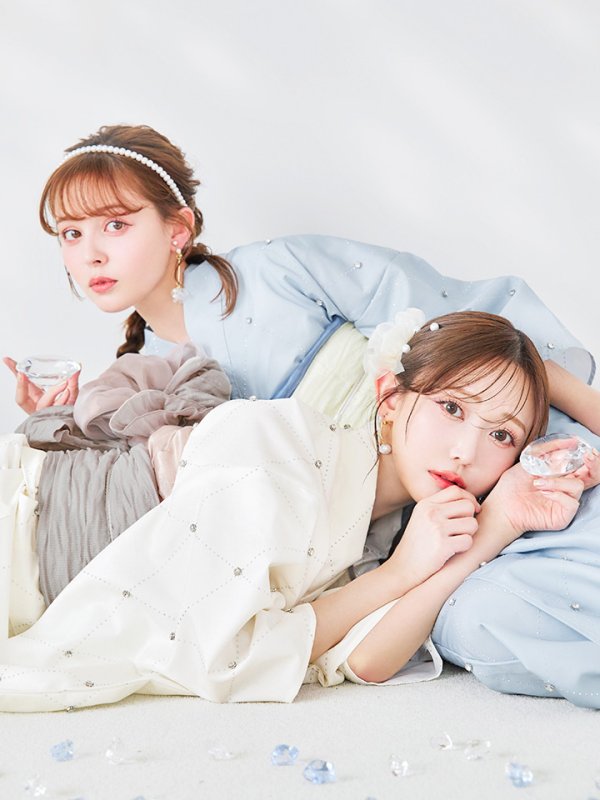 画像1: 【予約 /5月中旬発送予定】アーガイルビジュー浴衣 IV: OBI-siwa-204-wk-8-BE / GETA-01-kj-3-IV / BL: OBI-siwa-204-wk-12-OW / GETA-01-kj-3-IV [yo/YMT]