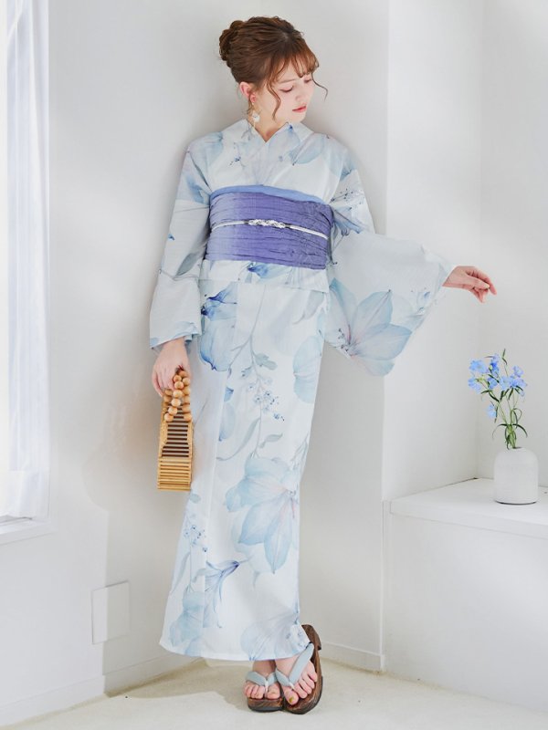 画像47: 【即日発送】【浴衣セール！】水彩百合ナチュラルブルー浴衣【浴衣３点セット 浴衣/帯/下駄】[YMT]