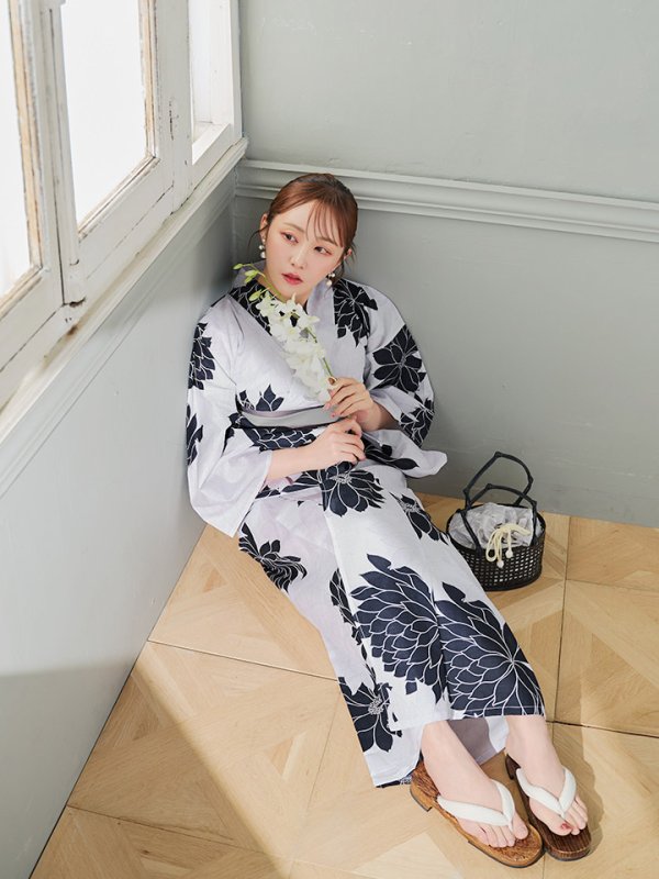 画像12: 【即日発送】モノトーンダリア柄浴衣【浴衣３点セット 浴衣/帯/下駄】[YMT]
