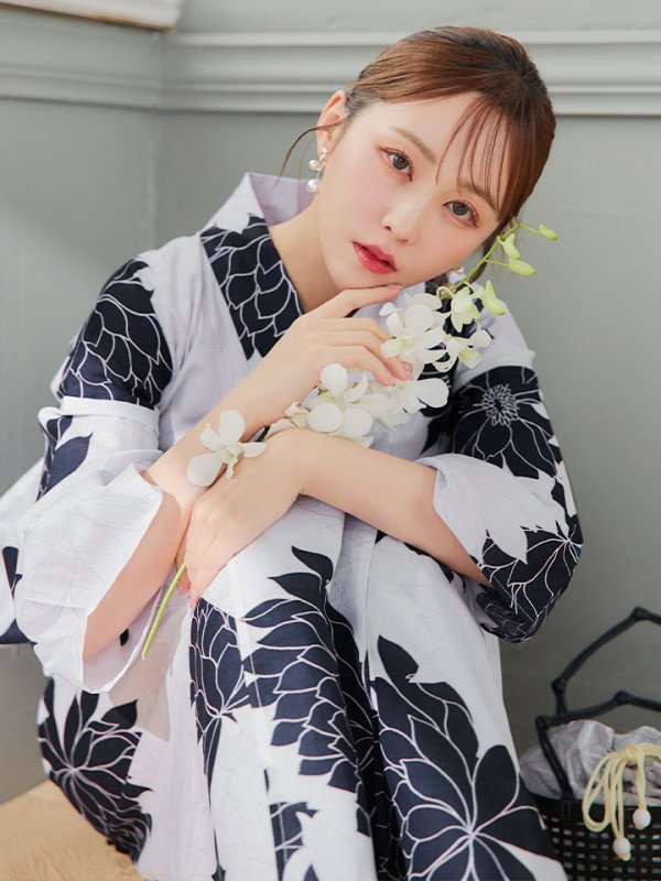 画像13: 【即日発送】モノトーンダリア柄浴衣【浴衣３点セット 浴衣/帯/下駄】[YMT]