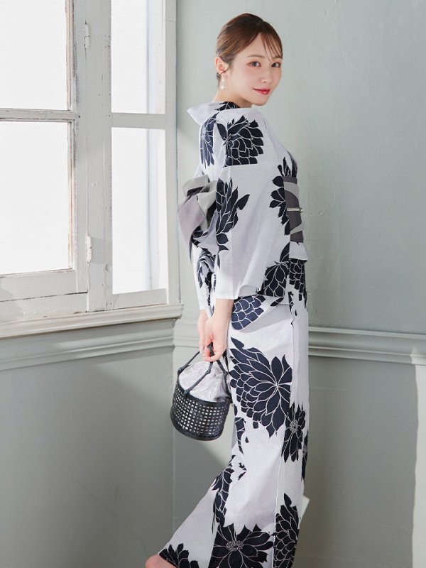 画像3: 【即日発送】モノトーンダリア柄浴衣【浴衣３点セット 浴衣/帯/下駄】[YMT]