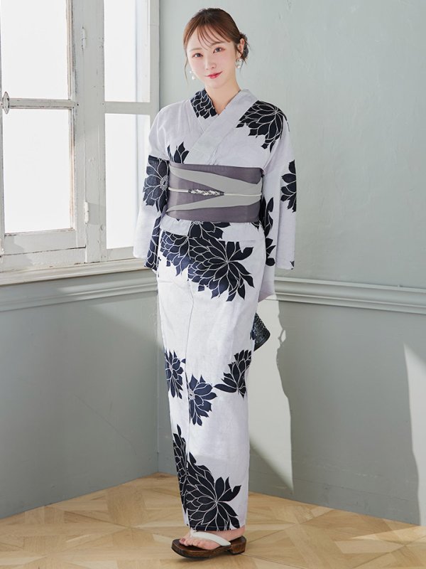 画像4: 【即日発送】モノトーンダリア柄浴衣【浴衣３点セット 浴衣/帯/下駄】[YMT]
