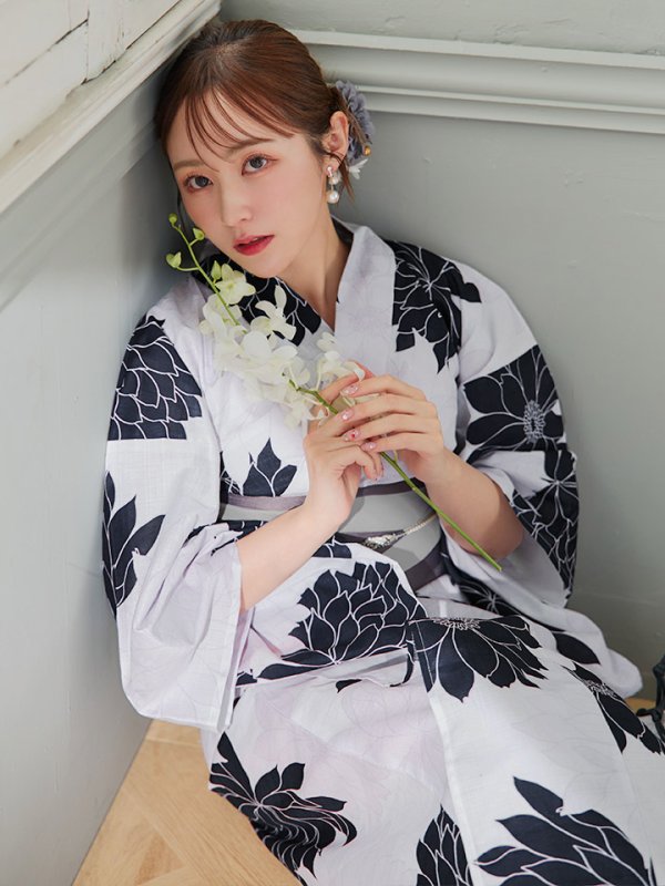 画像8: 【即日発送】モノトーンダリア柄浴衣【浴衣３点セット 浴衣/帯/下駄】[YMT]