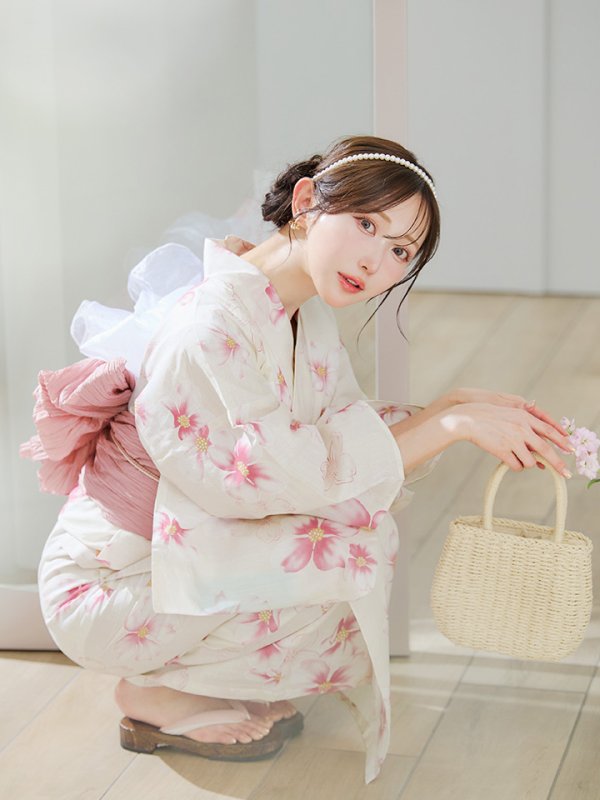画像7: 【即日発送】淡色桜花柄浴衣【浴衣３点セット 浴衣/帯/下駄】[YMT]