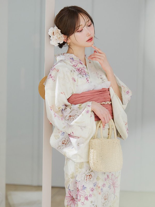 画像1: 牡丹百合花柄浴衣 OBI-siwa-204-wk-6-P / HIMO-900-yn-8-P / HEKO-800-sb-5-W / YA-1073-kn-IV / GETA-02-ok-8-RoseP/ [YMT]