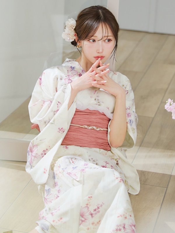 画像2: 牡丹百合花柄浴衣 OBI-siwa-204-wk-6-P / HIMO-900-yn-8-P / HEKO-800-sb-5-W / YA-1073-kn-IV / GETA-02-ok-8-RoseP/ [YMT]