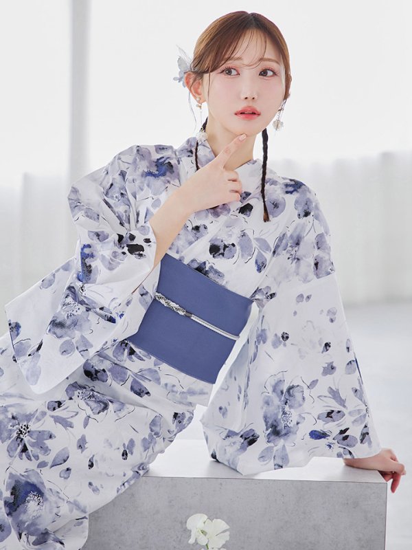 画像1: 水墨ニュアンスフラワー浴衣 OBI-hira-100-ok-4-DusBL / HIMO-900-yn-4-GYxGY / / YA-1001-kj-BL / GETA-01-kj-2-BL/ [YMT]