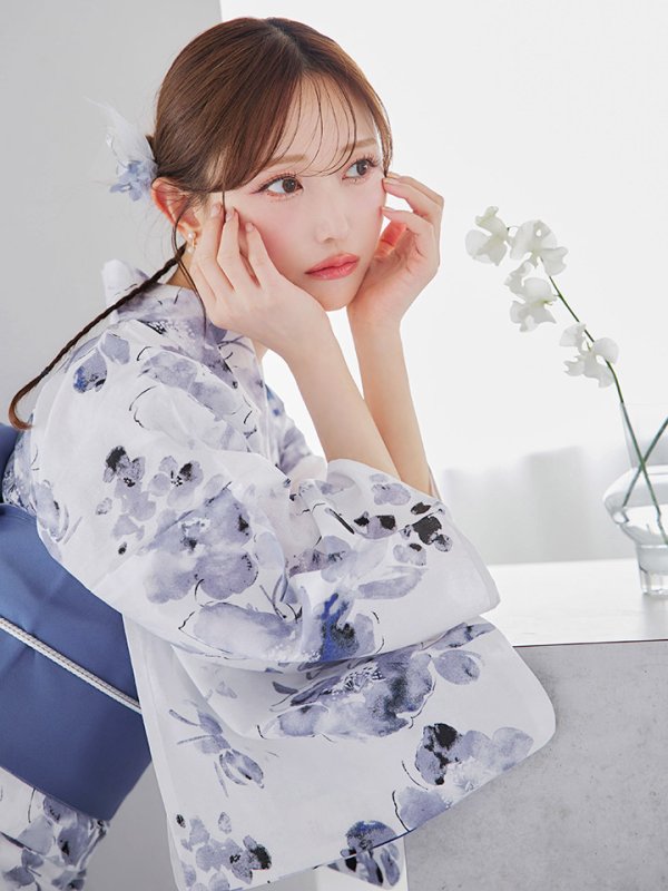 画像10: 【即日発送】水墨ニュアンスフラワー浴衣【浴衣３点セット 浴衣/帯/下駄】[YMT]