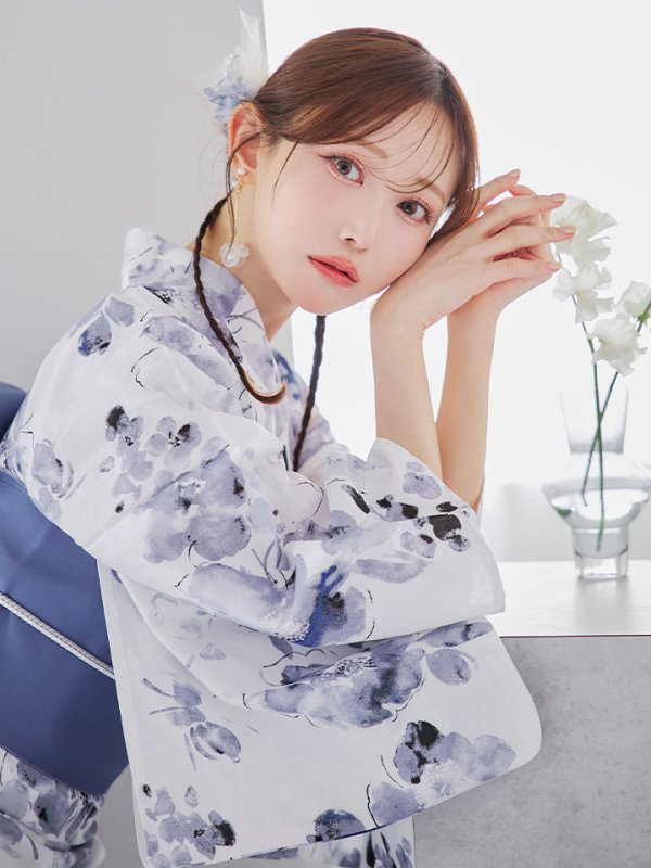 画像6: 【即日発送】水墨ニュアンスフラワー浴衣【浴衣３点セット 浴衣/帯/下駄】[YMT]