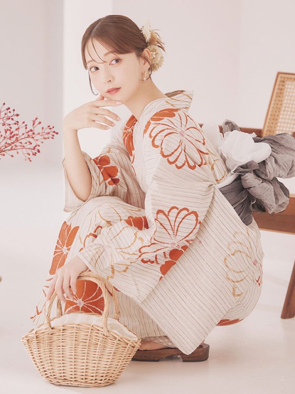 画像10: 【即日発送】ストライプ花柄浴衣【浴衣３点セット 浴衣/帯/下駄】[YMT]