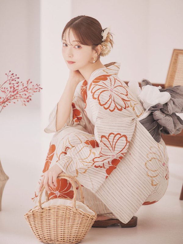 画像13: 【即日発送】ストライプ花柄浴衣【浴衣３点セット 浴衣/帯/下駄】[YMT]