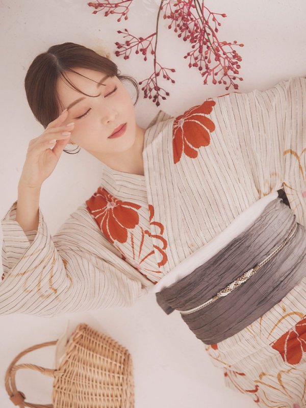 画像14: 【即日発送】ストライプ花柄浴衣【浴衣３点セット 浴衣/帯/下駄】[YMT]