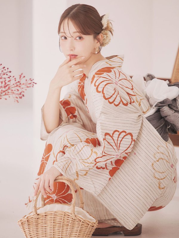 画像3: 【即日発送】ストライプ花柄浴衣【浴衣３点セット 浴衣/帯/下駄】[YMT]