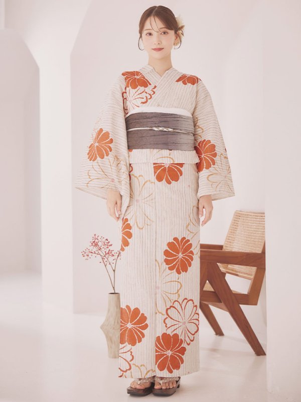 画像4: 【即日発送】ストライプ花柄浴衣【浴衣３点セット 浴衣/帯/下駄】[YMT]