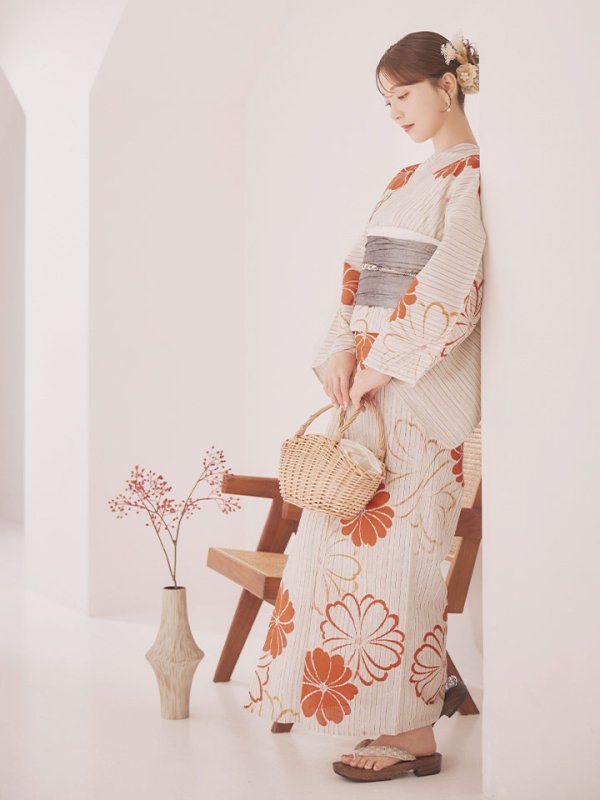 画像5: 【即日発送】ストライプ花柄浴衣【浴衣３点セット 浴衣/帯/下駄】[YMT]