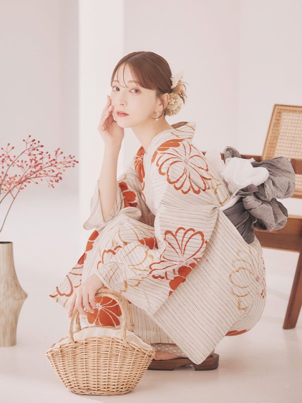 画像6: 【即日発送】ストライプ花柄浴衣【浴衣３点セット 浴衣/帯/下駄】[YMT]