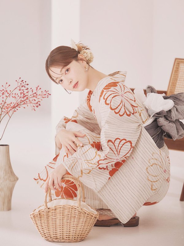 画像7: 【即日発送】ストライプ花柄浴衣【浴衣３点セット 浴衣/帯/下駄】[YMT]