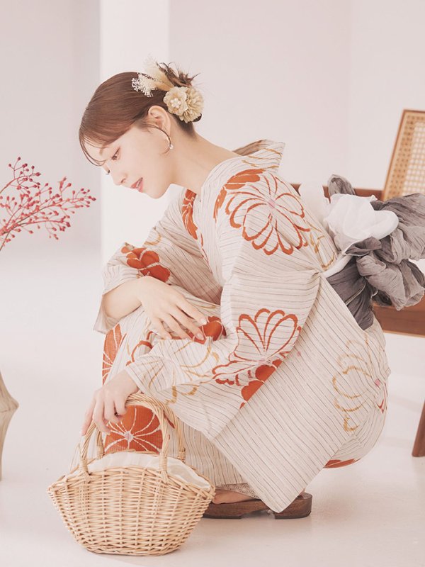 画像9: 【即日発送】ストライプ花柄浴衣【浴衣３点セット 浴衣/帯/下駄】[YMT]